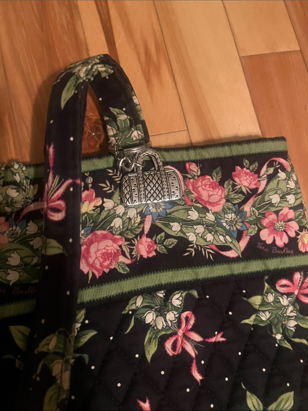 Vera Bradley Black Quilted Floral Tote with Pink Bows (Cancer Awareness) - Picture 3 of 4